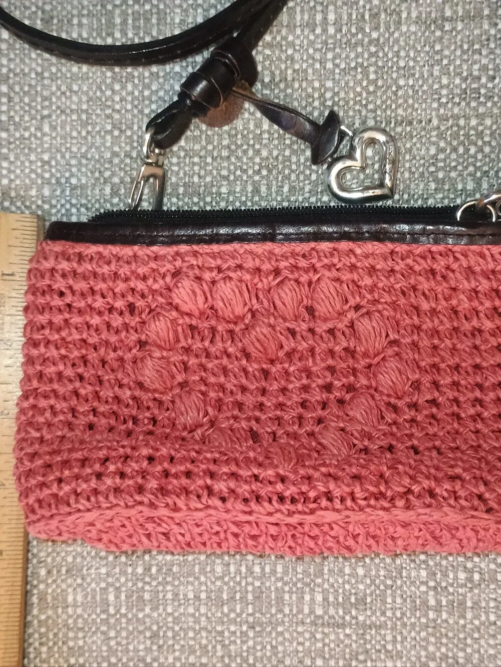 Brighten Reddish Crochet  Crossbody Bag with Heart Charm Clean Interior
